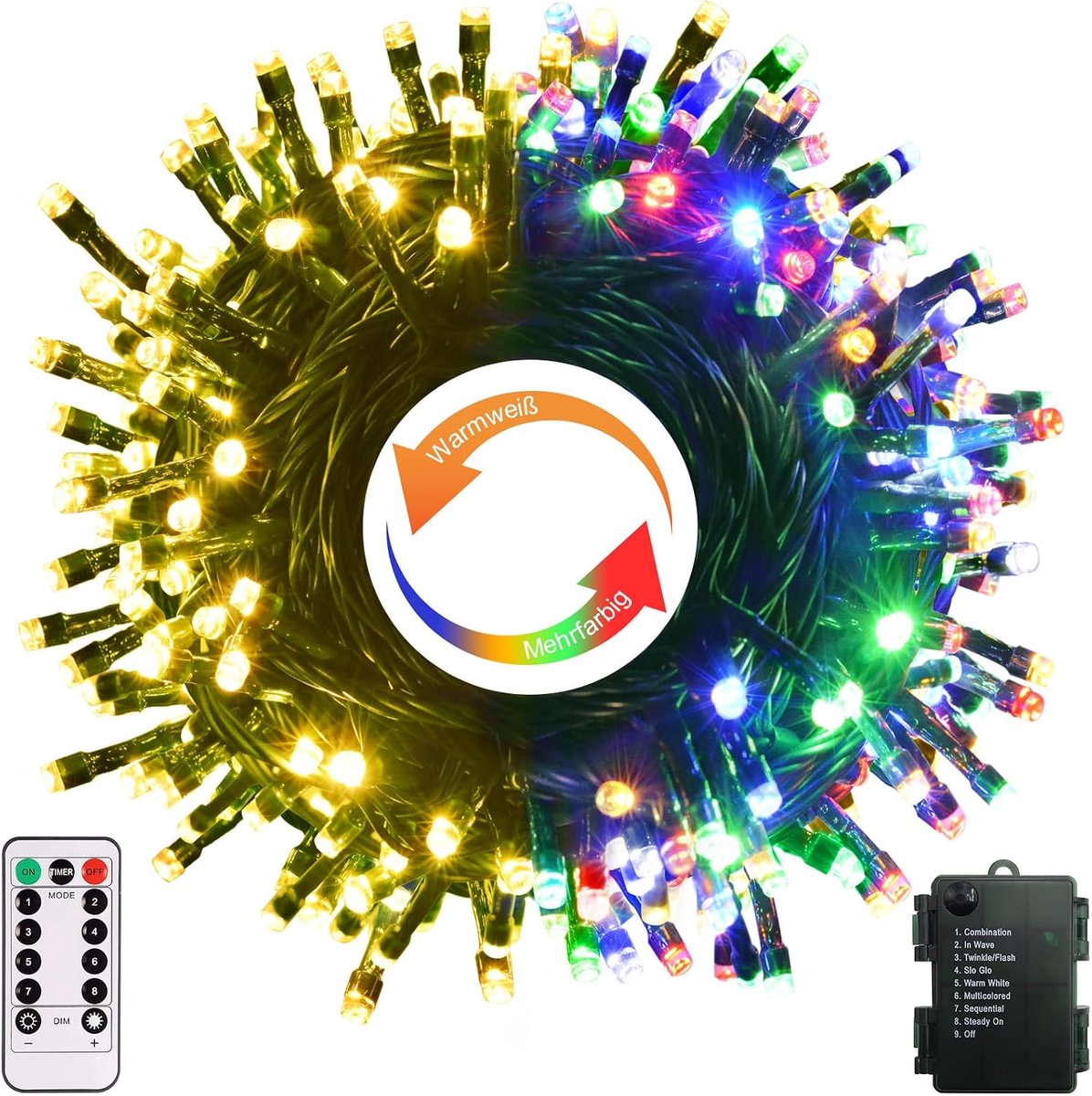 ZAIYW Color Changing Christmas Fairy Lights Battery Operated Warm White & Multicolored 10m 100 LED with Remote Control - ShopVlot
