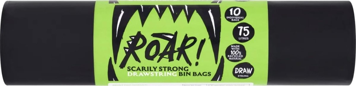 Roar! Vuilniszakken, 75 liter, 10 dubbele trekkoord, ultrasterke zwarte vuilniszakken, 100% gerecycled kunststof - ShopVlot