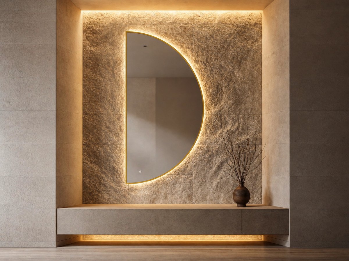 Mawialux Halve Maan LED Spiegel - Geborsteld Goud - Halfrond Rechts - 90x180cm - Decoratieve Spiegel - Woonkamer Spiegel - Gang Spiegel - Slaapkamer Spiegel - Entree Spiegel - Jazz