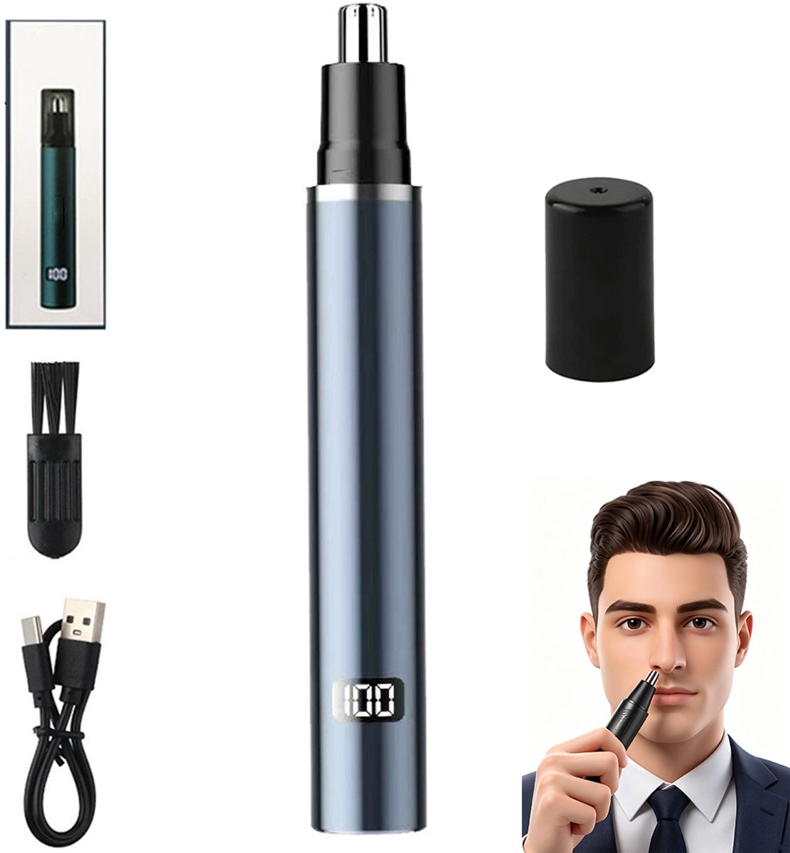 Neustrimmer Elektrisch blauw - Neushaartrimmer Oplaadbare Baard - en Oortrimmer met LED-Scherm - Snelle IP7 Waterdichte Neushaartrimmer voor Heren en Vrouwen – Voor Thuis en Reizen