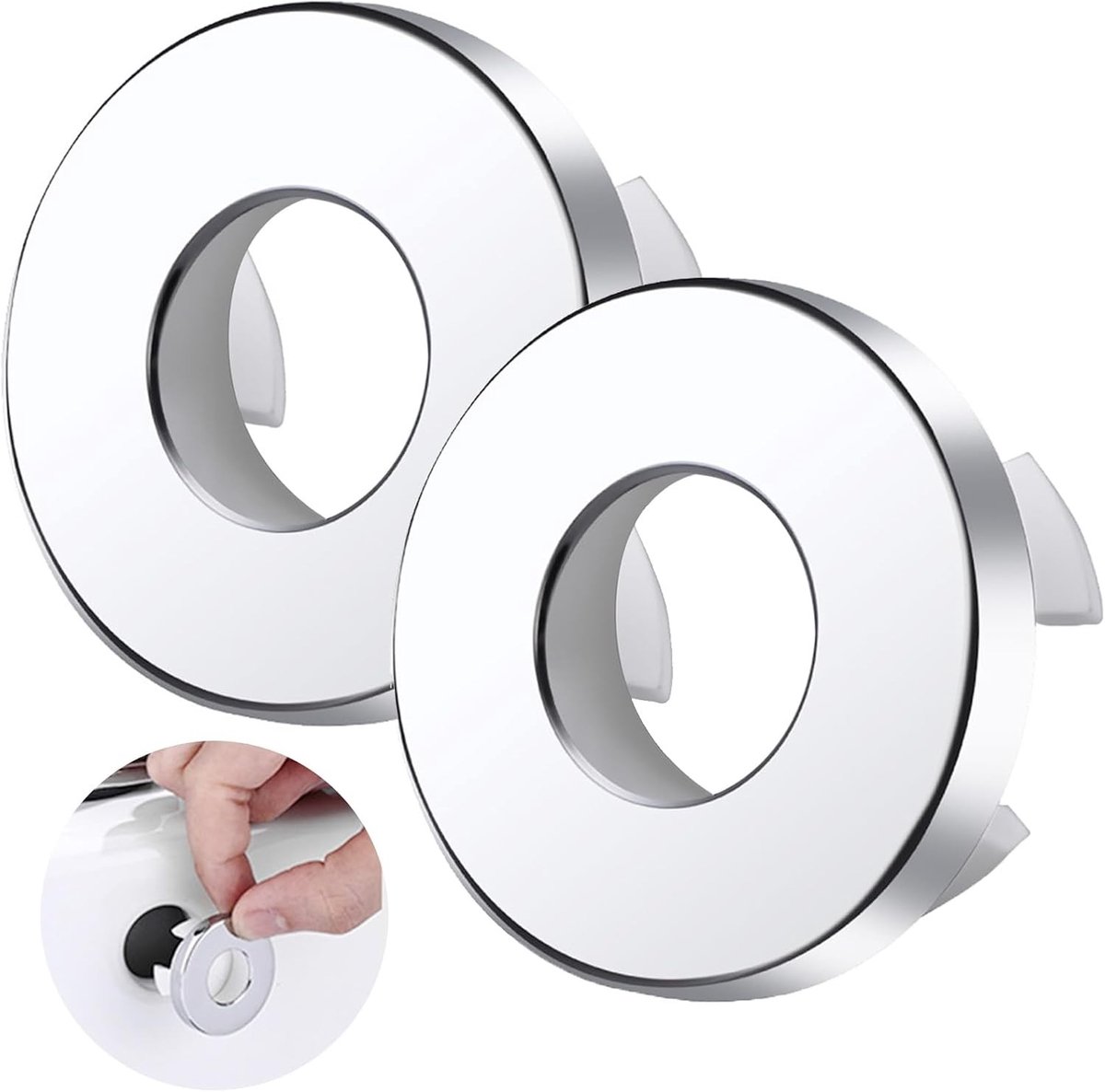 Basin overflow cover set van 2, geschikt voor wastafel met Ø 22-24 mm opening, zilver, voorkomt waterschade en verstoppingen