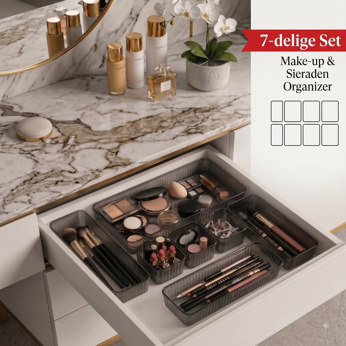 INDECOR Lade Organizer Set 7 Stuks - Keukenlade Organizer - Bestek Organizer - Ladeverdeler - Opbergbakjes voor Keuken, Badkamer & Bureau - Make-up & Sieraden Organizer - Fumé