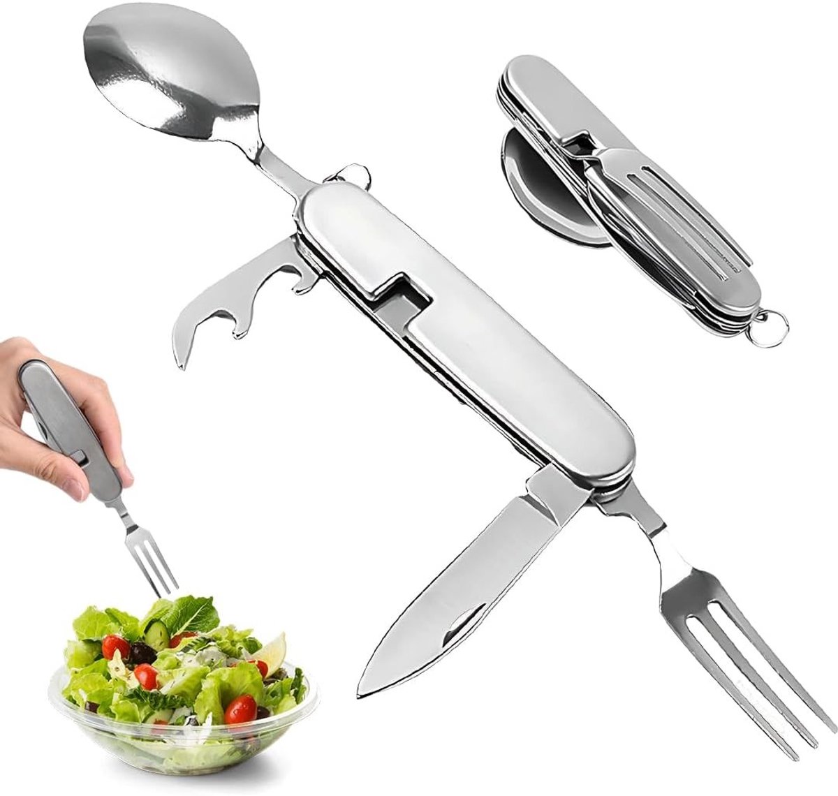 Vouwbare bestekset, 4-in-1 met mes, vork, lepel en flesopener, perfect voor reizen, picknicks, kamperen en outdoor activiteiten.