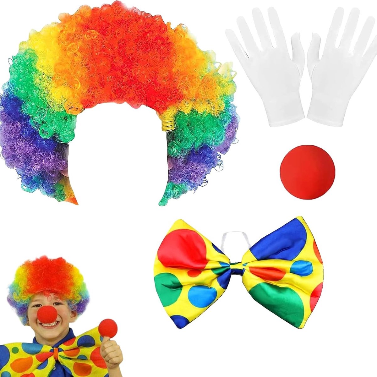 Clown Kostuum Set voor Carnaval - 5 Delige Outfit voor Mannen en Vrouwen met Accessoires en Make-up