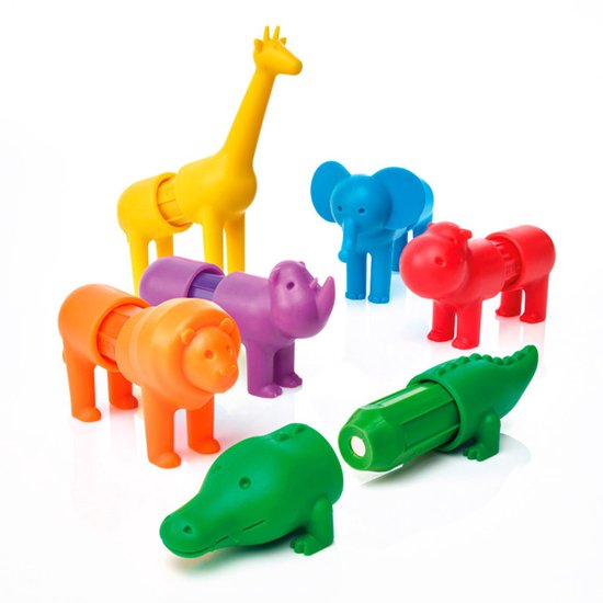 Ensemble de sept animaux de safari magnétiques colorés, dont une girafe jaune, un éléphant bleu, un rhinocéros rouge, un lion orange, un rhinocéros violet et deux crocodiles verts.
