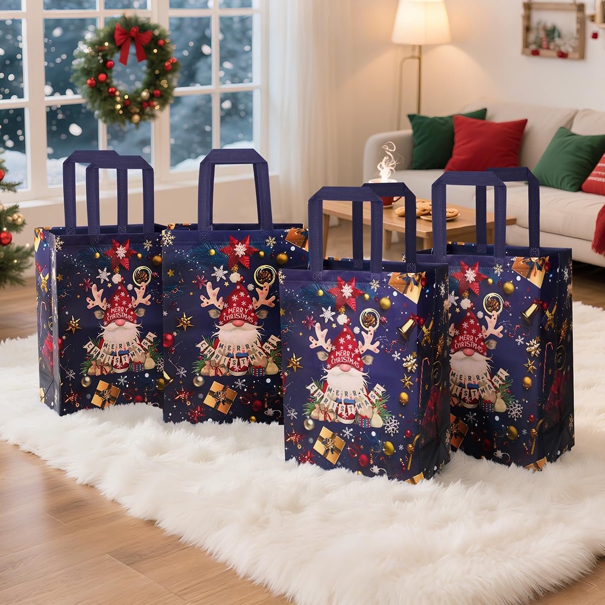 Kerst Cadeautassen – 4 Stuks – Groot – Herbruikbare Stoffen Tassen met Handvat 41,5 x 30,5 x 15