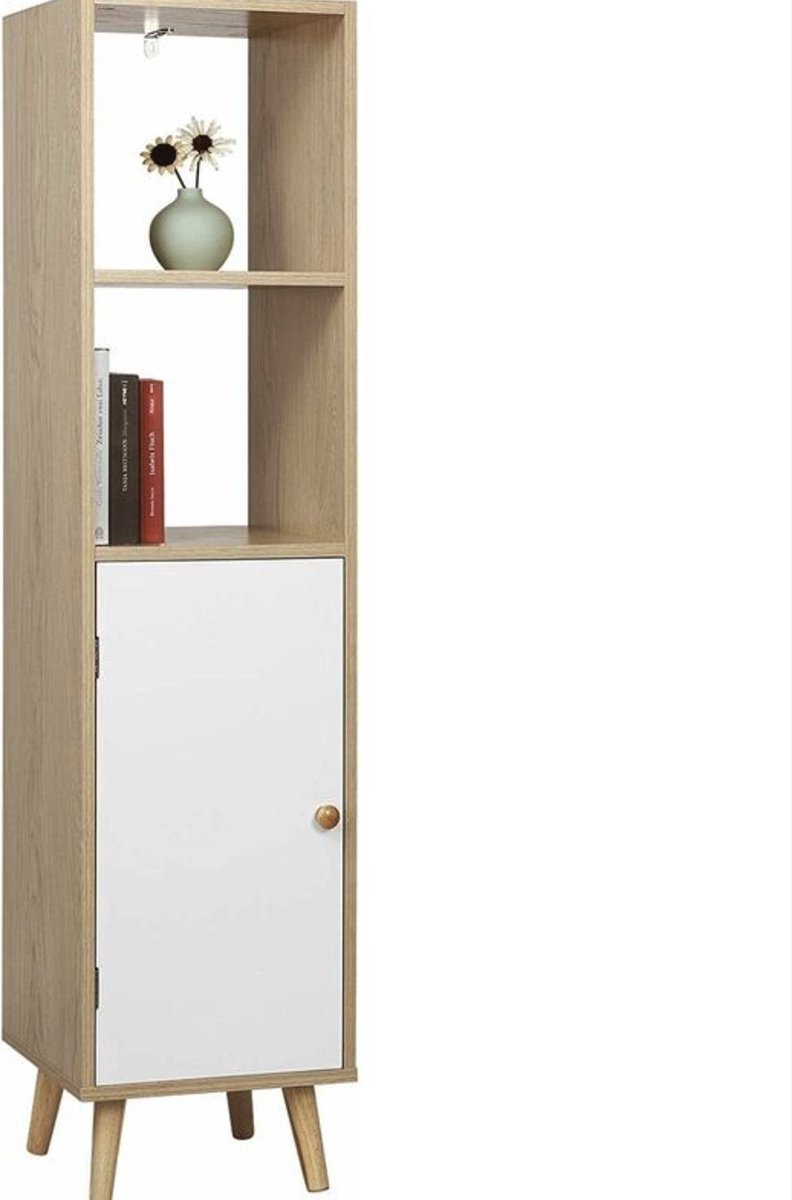 Boekenkast 33x30x133cm Wit - Hout, 4 Lagen met Deur en Wit/Oak - Voor Woonkamer, Slaapkamer en Kinderkamer