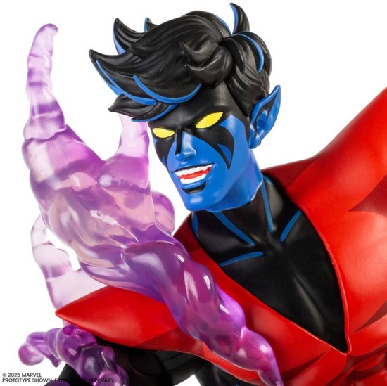 Nightcrawler met blauwe huid, gele ogen en rode outfit, met paarse rookachtige zwevende hand.