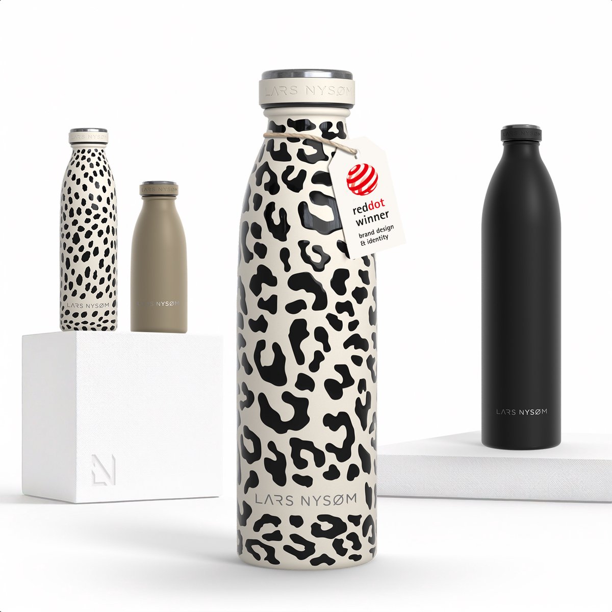 LARS NYSØM Ren Roestvrijstalen drinkfles 500ml - BPA-vrij geïsoleerde waterfles 0,5 Liter (Cream Beige/Leopard/Gloss Black)