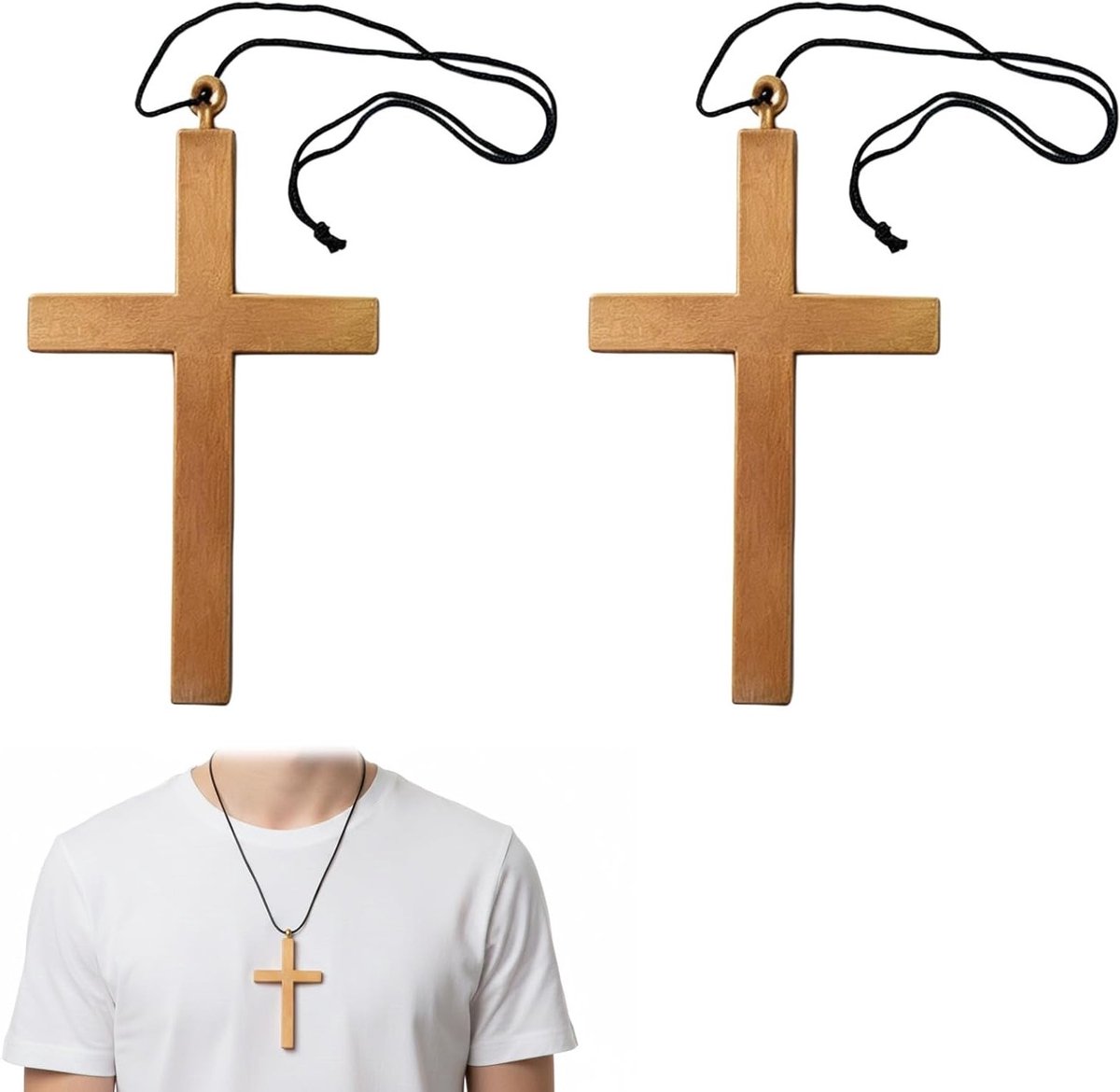 Kruis Ketting Set van 2 Stuks – Lichtgewicht Plastic Kettingen voor Halloween, Verkleedfeest en Decoratie met Zwart Koord