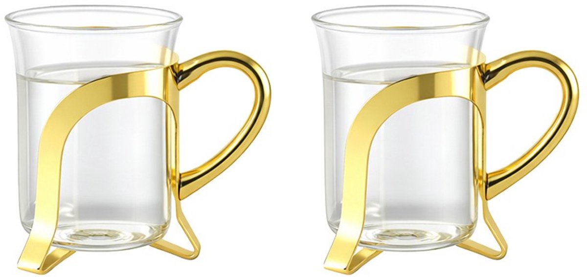 Glazen thee bekers met gouden metalen decoratie - set van 2