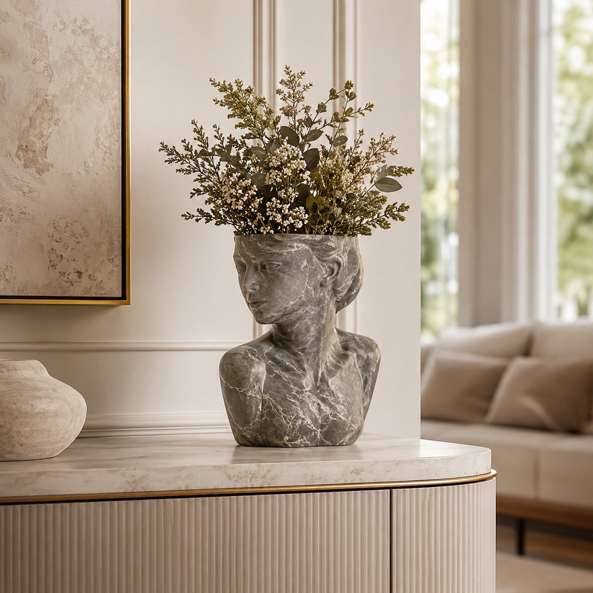 Vrouw Buste Vaas Marmerlook Grijs – Decoratief Beeld & Bloempot 19,5x24x11 cm – Polyresin Ornament – Luxe Woondecoratie voor Droogbloemen, Kunstbloemen, Dressoir, Tafel & Interieur