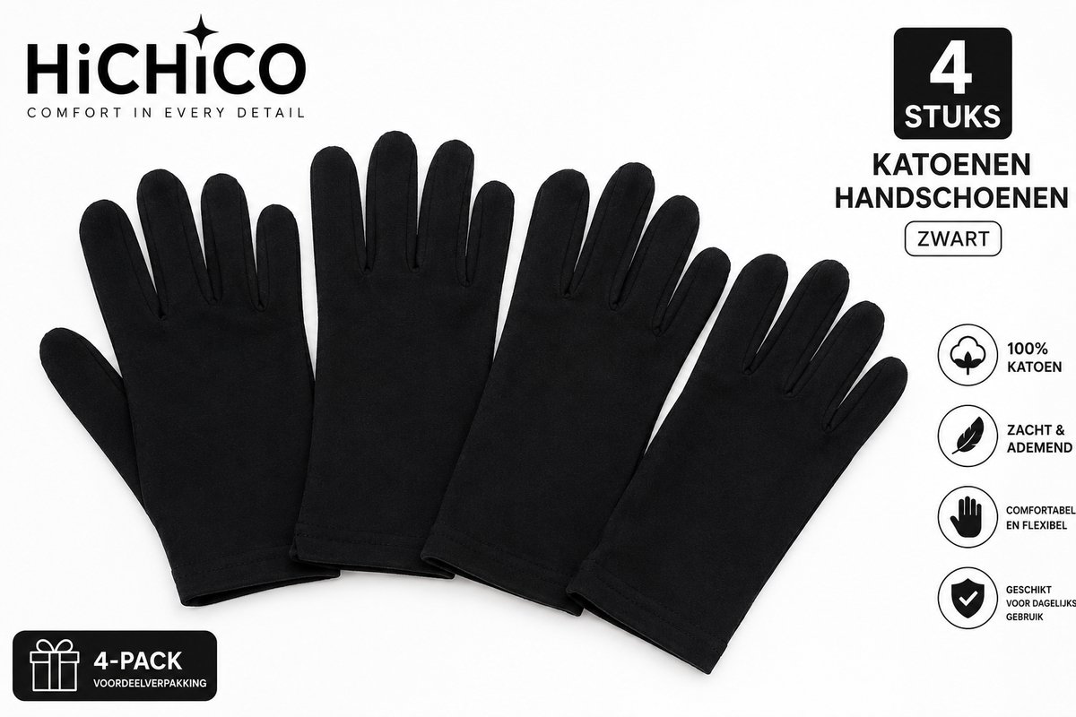 Katoenen handschoenen Medium Zwart 4 stuks – 2 paar Beschermende Handschoenen - Medium - Gezondheidszorg - Ziekenhuis - Beauty Center - Kapper - Salon Spa Tattoo – Jewelry - eczeem - allergie - handcreme - juweliers / munt handschoen