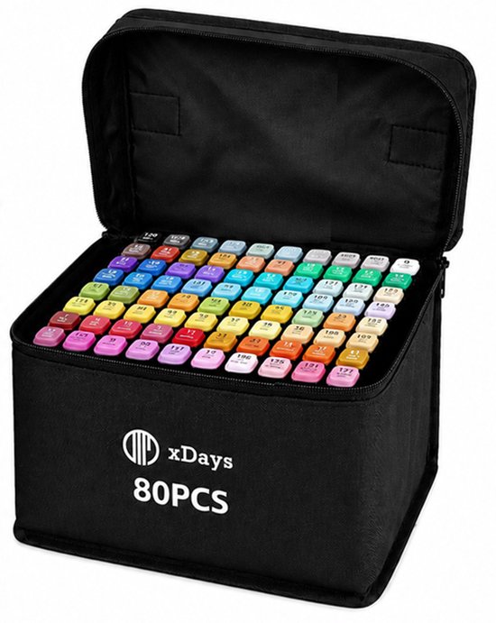 Een open zwarte tas met 80 stuks xDays markers in verschillende kleuren.