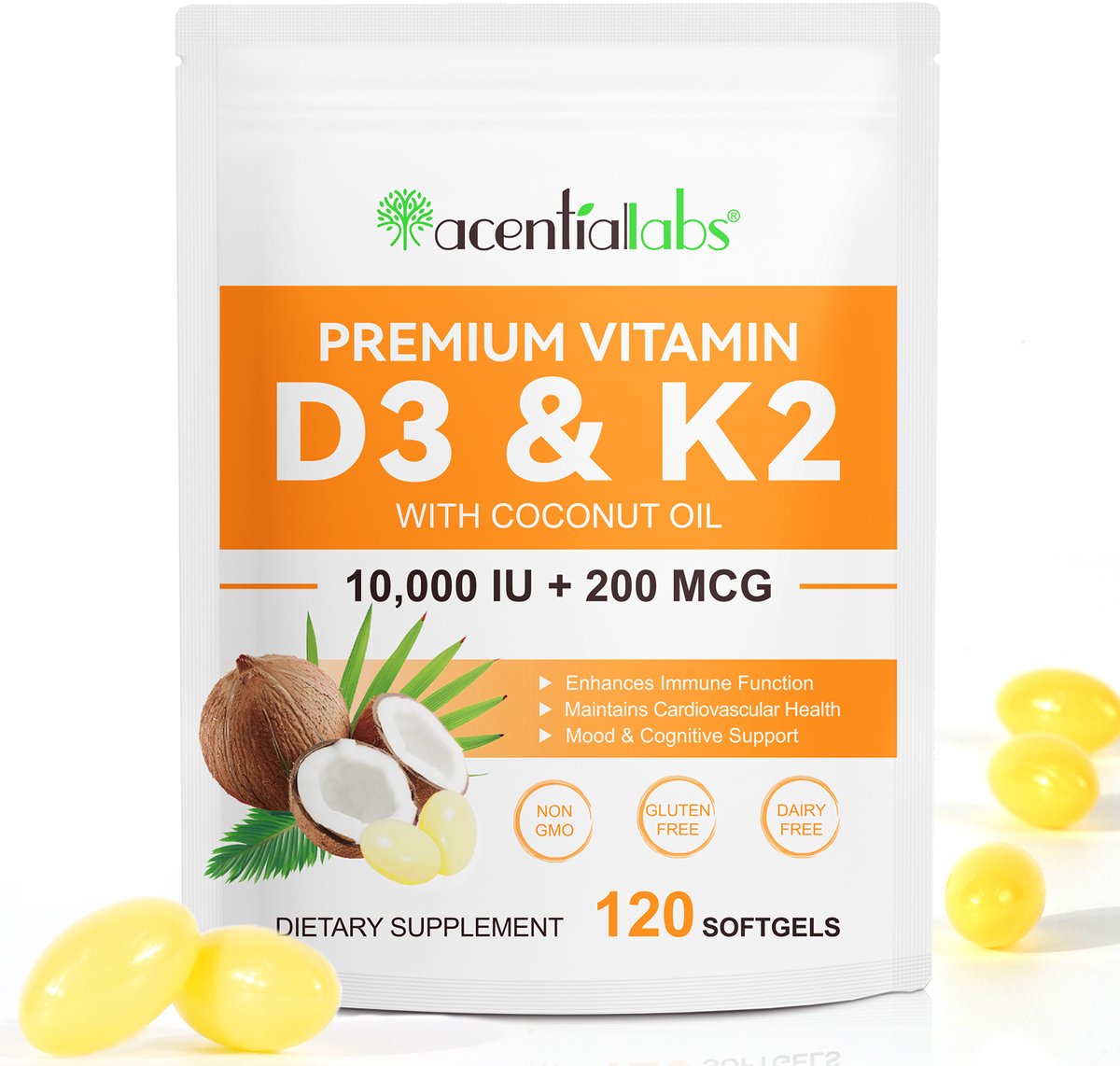 Acentiallabs Vitamine D3 & K2 - 120 Softgels - D3 10000 IU + K2 MK-7 200 mcg - Met Kokosolie