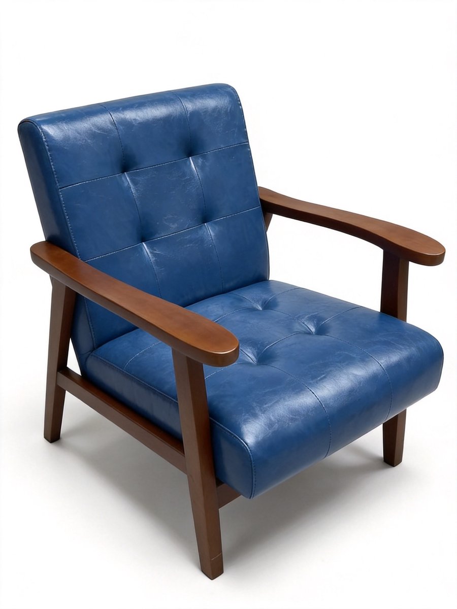 HomeMiYN Japanse Fauteuil – Wax PU Leer Lounge Stoel – Donkerblauw Design – Lage Zitstoel met Houten Frame – Comfortabele Relaxstoel voor Woonkamer