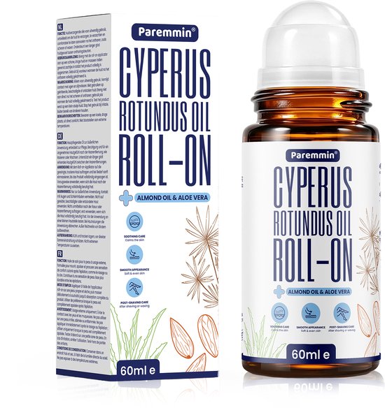 Flesje Paremmin Cyperus Rotundus Olie Roll-On 60ml met meertalige productinformatie.