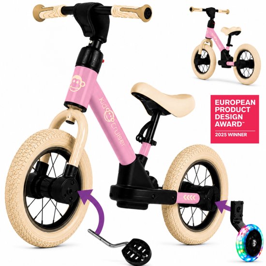 Kidcruiser Loopfiets 2+ jaar - Optioneel met LED Zijwieltjes & Trappers - 3-in-1 Kinderfiets - 12 inch – Roze & Creme wit – Modulair Design