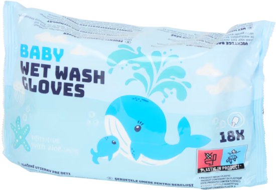 Verpakking met 18 baby washandjes met een blauwe walvis en kalf. Tekst: BABY WET WASH GLOVES, 18X, PLASTIC IN PRODUCT.
