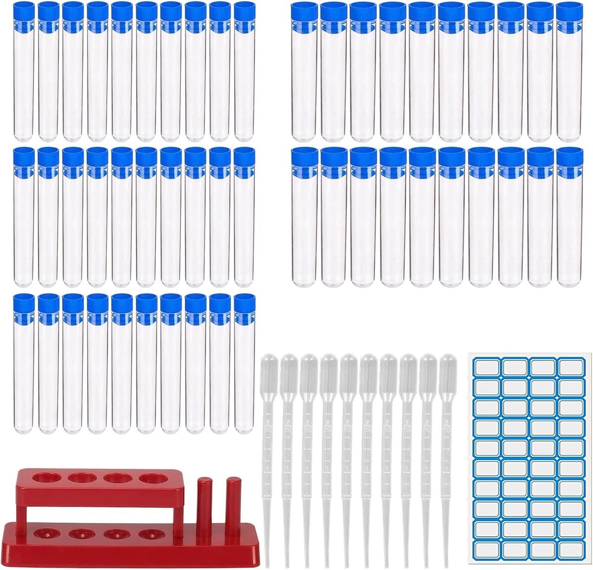 50 Stuks Plastic Proefbuizen met Deksel en Houder, Inclusief 10 Druppelaars voor Laboratorium Experimenten, Candy, Planten en Specerijen
