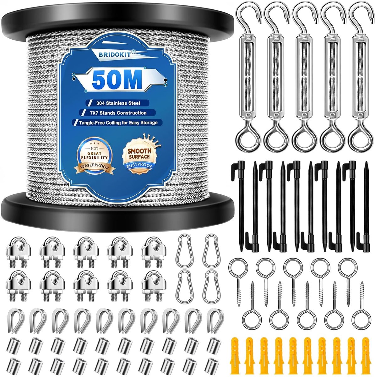 SnelShoppen - 50 m Staalkabel 2 mm Roestvrij Staal met Oogjes, M5 Kabelspanner, Draadkabelklem, Stalen Kabel en Tentharingen voor Tuin, Camping en Doe