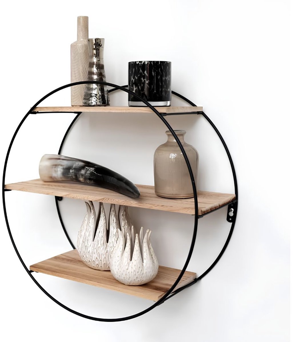 JCP® Wandrek Rond - Wandrek Rond Industrieel - Wandplank - Zwart/Bruin - 19cm x 50cm x 50cm