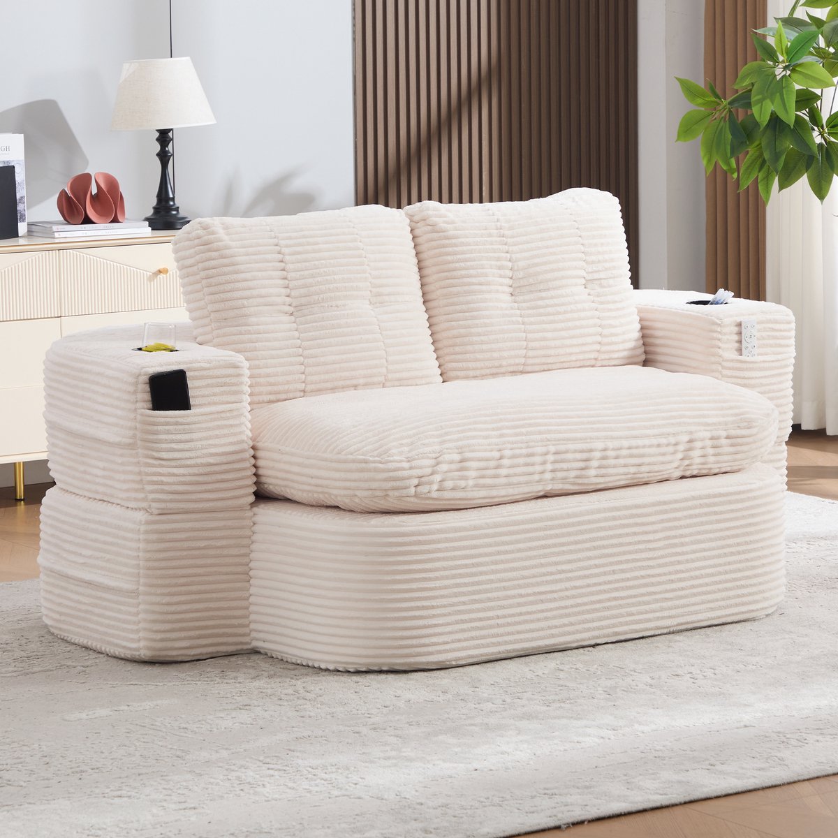 2 Zitsbank - Beige Corduroy Slaapbank Met Chaise Longue, Cuphouders En Verstelbare Armleuningen