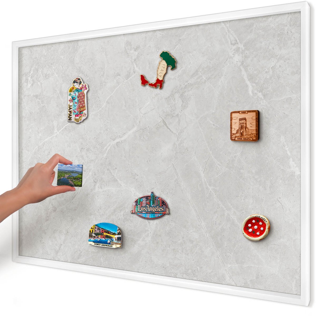 Artprintcave Grijs Magneetbord mit Witte Lijst - 100x70 cm - Grijs Marmer Magneetbord Voor Foto's - Minimalist Magneetbord Voor Keuken - Texturen