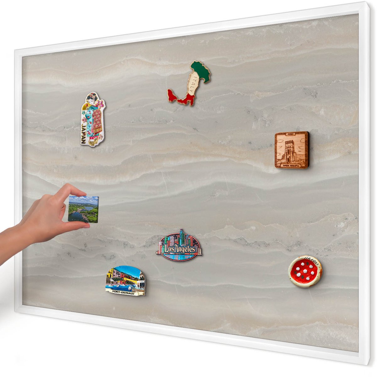 Artprintcave Grijs Magneetbord mit Witte Lijst - 100x70 cm - Marmertextuur Bord Voor Magneten - Minimalist Memobord Keuken - Texturen
