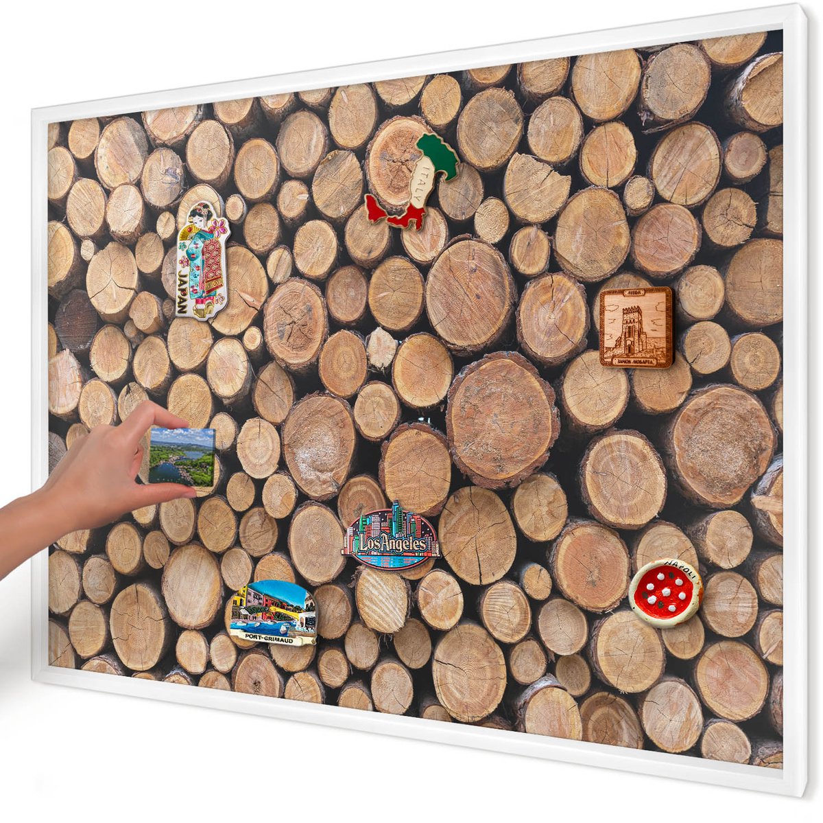 Artprintcave Bruin Magneetbord mit Witte Lijst - 100x70 cm - Houten Cirkels Magneetbord Voor Keuken - Rustiek Magneet Bord mit Frame - Texturen