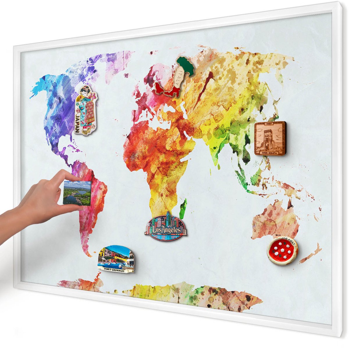Artprintcave Geel Magneetbord mit Witte Lijst - 100x70 cm - Kleurenkaart Magnetisch Bord - Waterverf Magneetbord Voor Keuken - Kaarten