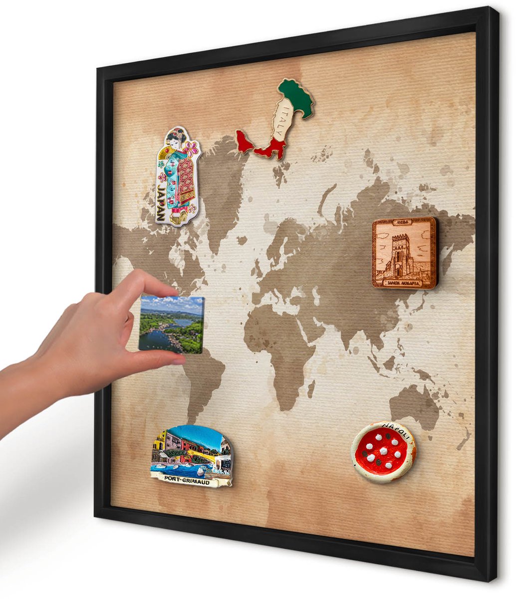 Artprintcave Bruin Magneetbord mit Zwart Frame - 50x50 cm - Wereldkaart Notitiebord - Vintage Magneetbord Voor Foto's - Kaarten