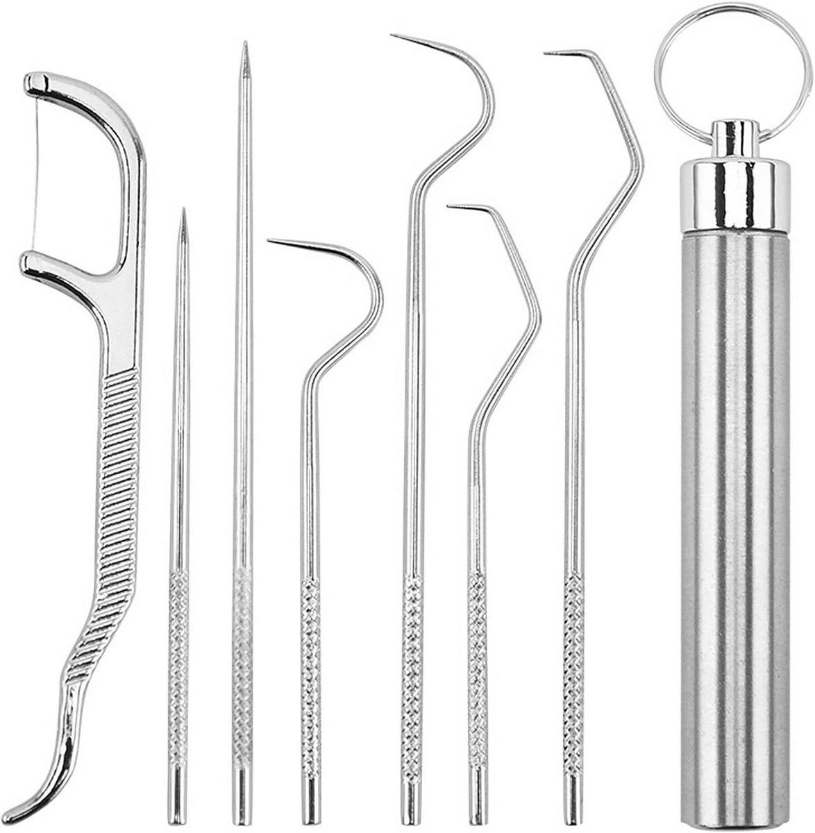 Roestvrijstalen Tandenstokers - Metaal Flossers - Mondhygiëne Na Eten - Herbruikbaar Duurzaam Ontwerp - 7 Stuks - Zilverkleurig
