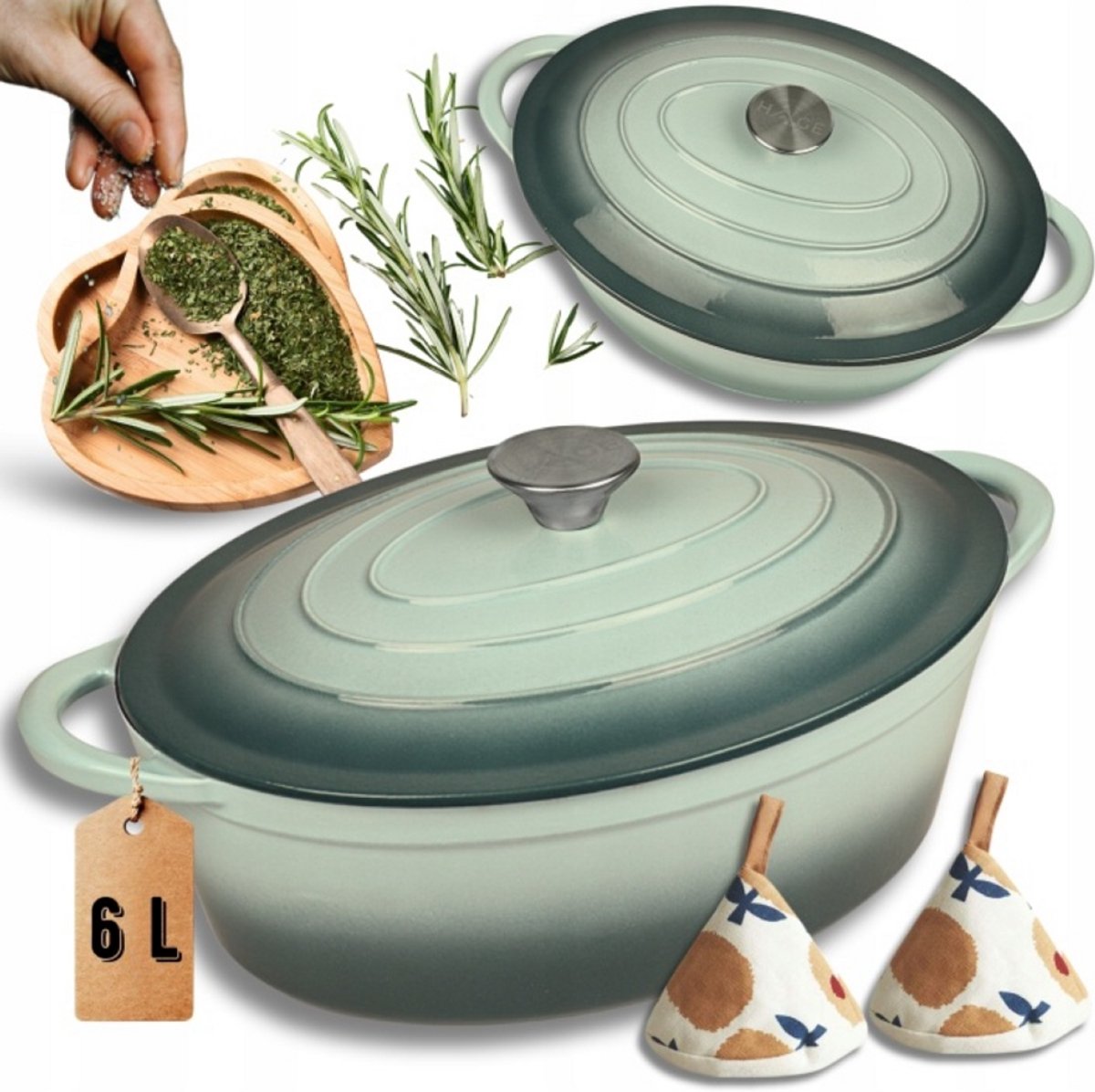 Hage - Gietijzeren Braadpan - Braadpan - Cast Iron Casserole met Deksel - Geëmailleerd - Geschikt voor Inductie & Oven - 6 Liter - 34 x 26 x 18 cm - Pastel Teal