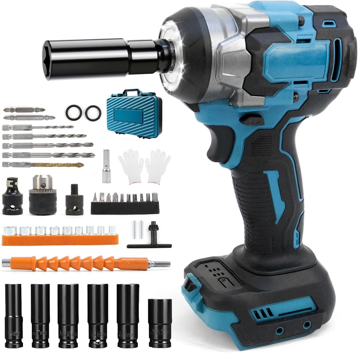 Draadloze slagschroevendraaier met 1/2 inch en borstelloze motor, ideaal voor autobanden verwisselen met 44 accessoires en krachtige prestaties