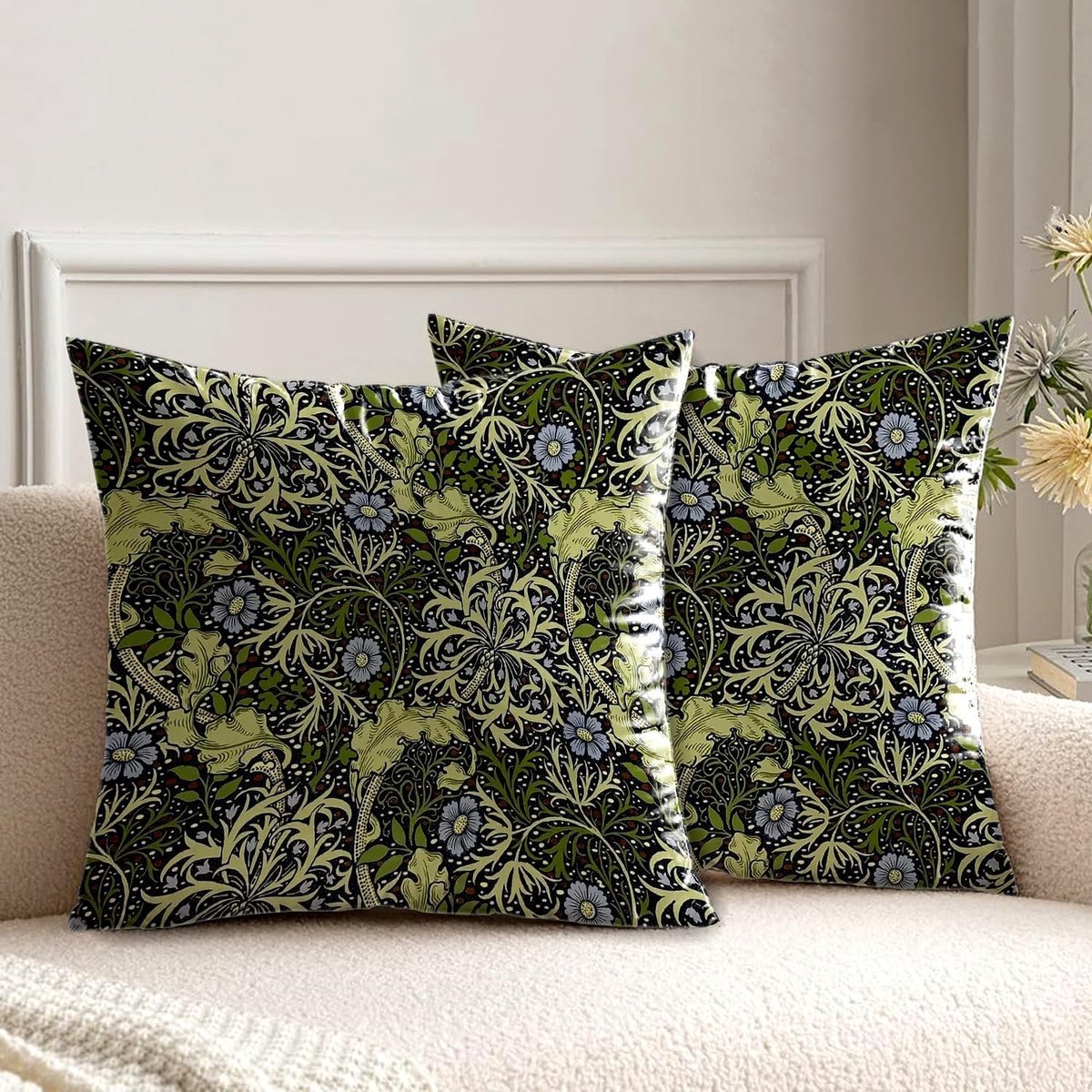 Cushion Covers 40x40cm met William Morris zeewierdesign, set van 2, decoratieve kussens voor bank en stoel