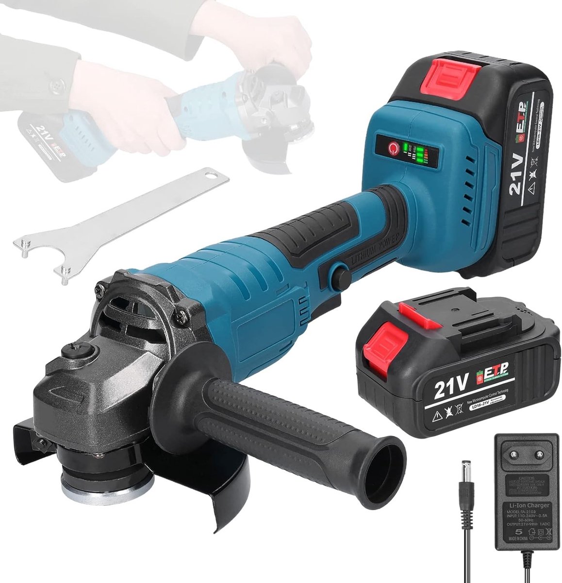 Draadloze Haakse Slijper 21 V met Borstelloze Motor, 125 mm Schijf, 2 Batterijen en Traploze Snelheidsregeling voor Efficiënt Slijpen en Snijden