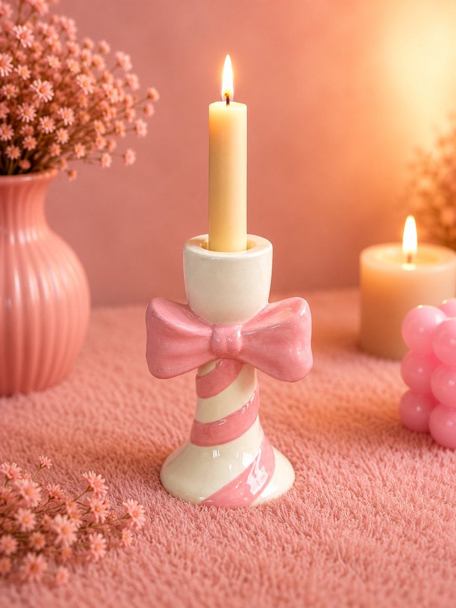 Bow Bliss Kaarshouder | Viva Femme | Kaarsen | Kandelaar | Dinerkaars | Strik | Decoratie | Cadeau | Wonen | Vrolijk | Lief | Roze / Wit | Moederdag