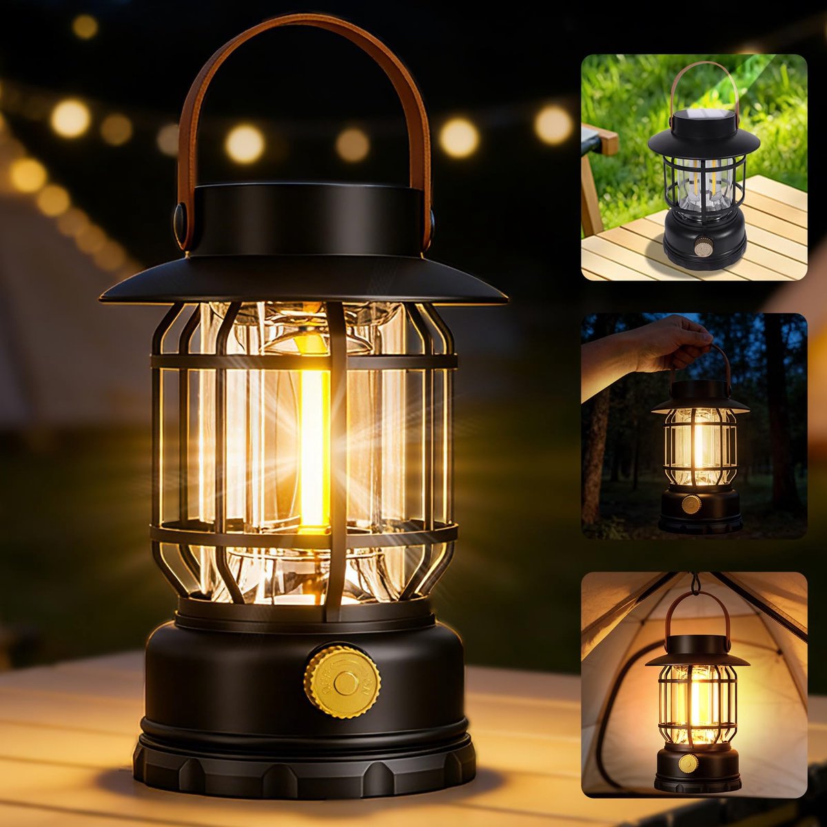 LED Camping Lamp - Draagbare Oplaadbare Kampeerlamp met Zonnepaneel en USB Opladen - Waterdichte Buitenlamp IPX4 - Traploos Dimbare Verlichting - Noodlamp voor Camping, Wandelen, Vissen en Outdoor Activiteiten