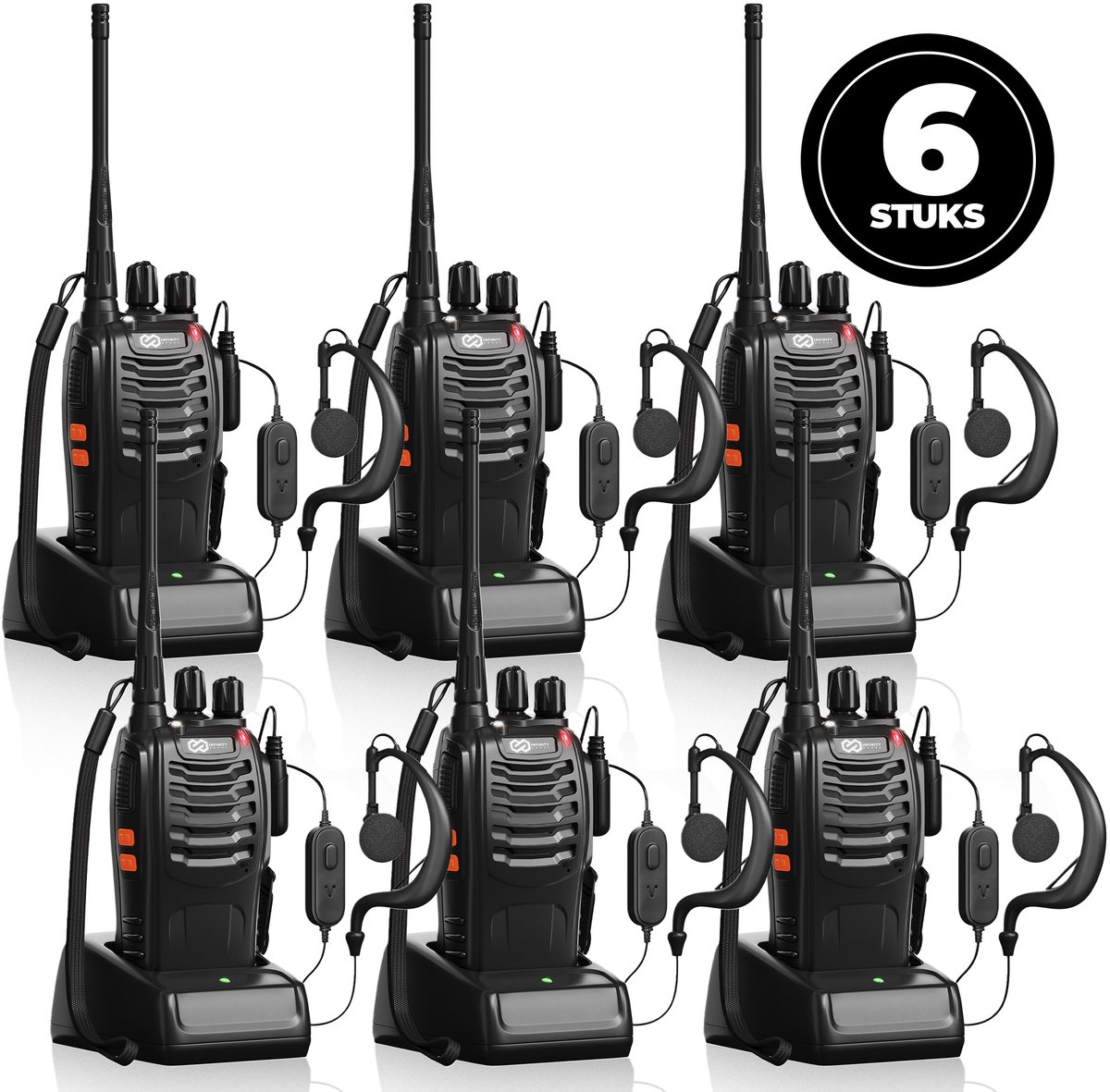Infinity Goods Professionele Portofoon 6 Stuks - Walkie Talkie - 5km Bereik - LED Zaklamp - PMR 446 Mhz - Zwart
