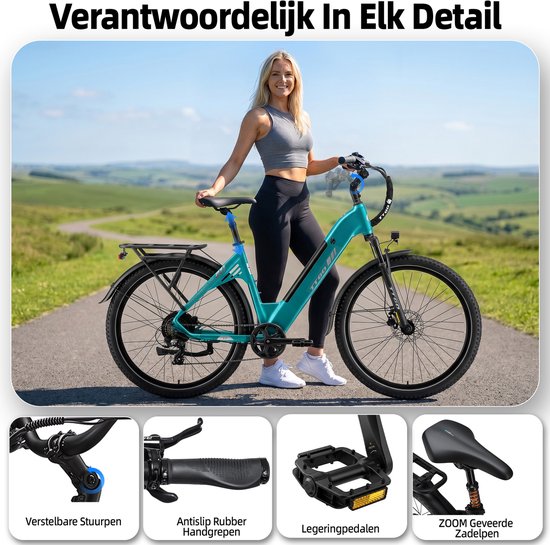 TTGO C5 Elektrische Fiets - 250W Motor - 48V 13.5Ah Accu - 90-110 km Bereik - 27.5"×2.4" Banden - Drievoudige Vering - Shimano 7s - Hydraulische Schijfremmen - Groen van TTGO — afbeelding 4