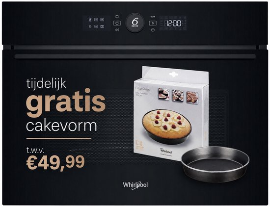 Zwarte inbouw combimagnetron met gratis Whirlpool Crisp cakevorm. Tekst: 'tijdelijk gratis cakevorm'.