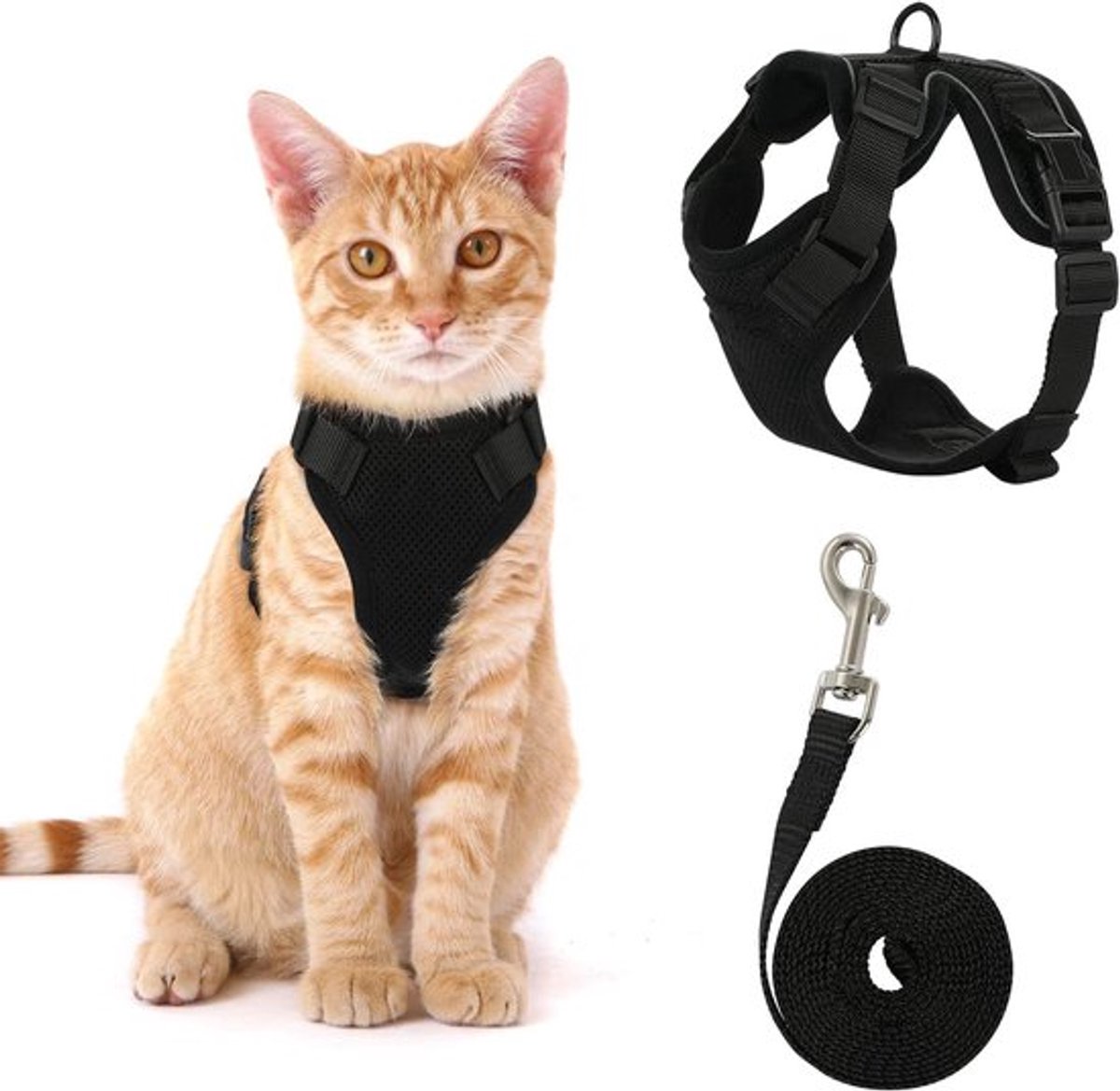 Kattentuigje Met Leiband Riem - Kattenriem - Cat Leash - Kitten Tuigje - Kattenlijn - Verstelbaar - Geschikt voor volwassen katten en kittens - Zwart (maat XS)