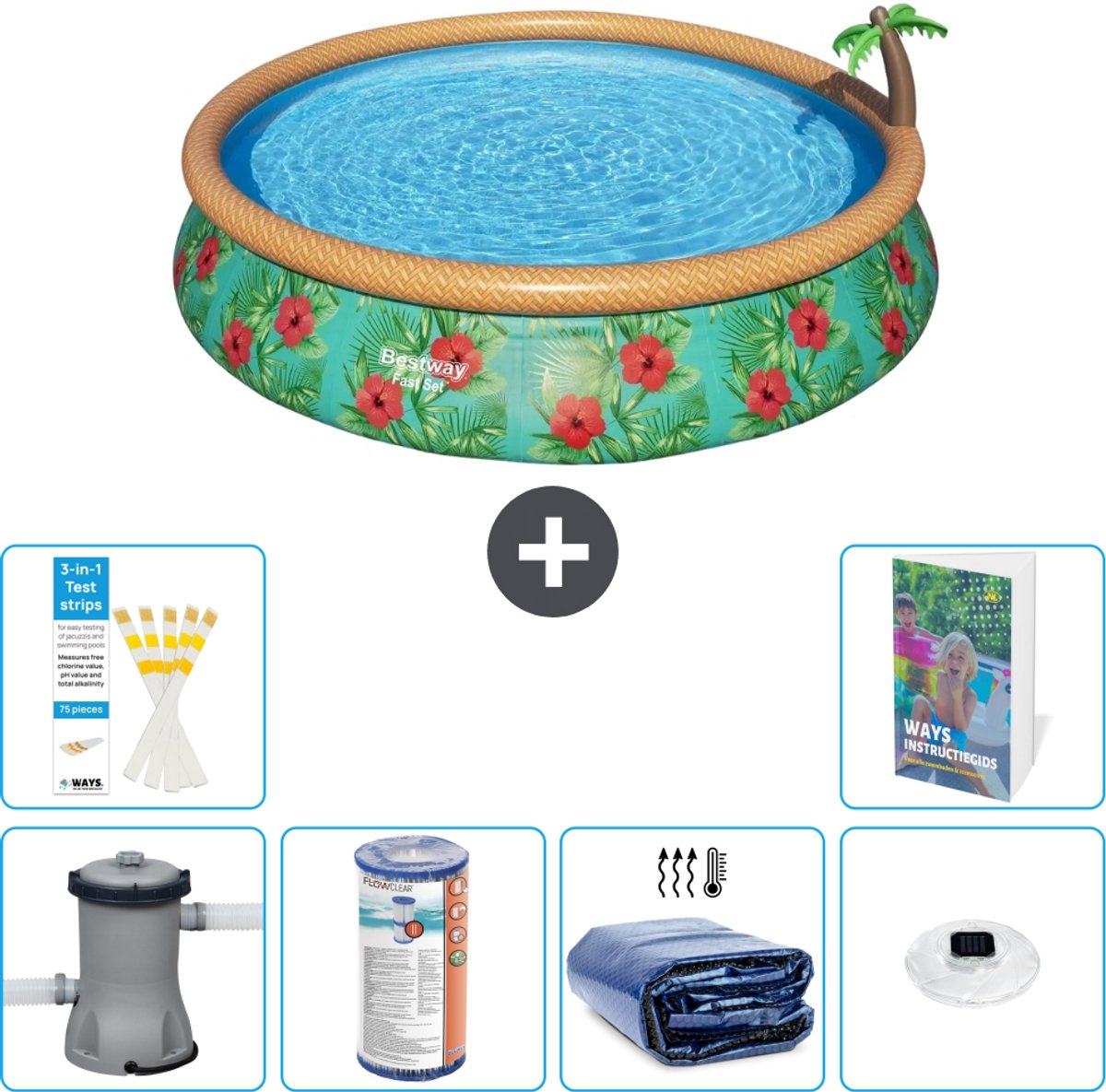 Bestway Rond Opblaasbaar Fast Set Zwembad - Paradijsprint - 457 x 84 cm - Inclusief Pomp - Filter - Solarzeil - Verlichting - 7-delig