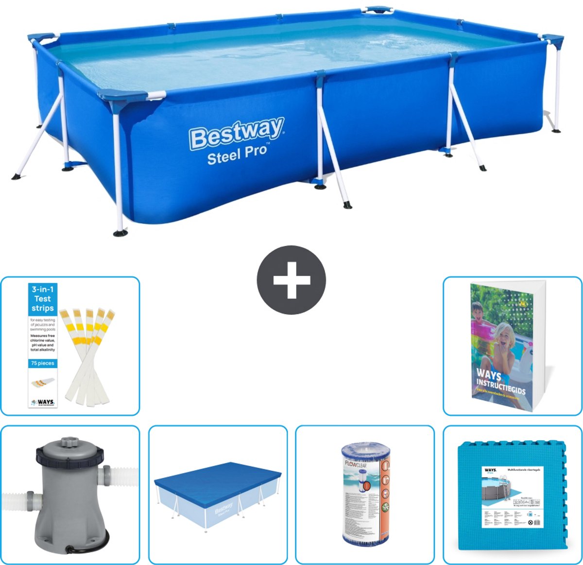 Bestway Rechthoekig Steel Pro Zwembad - 300 x 201 x 66 cm - Blauw - Inclusief Pomp - Afdekzeil - Filter - Vloertegels - 7-delig