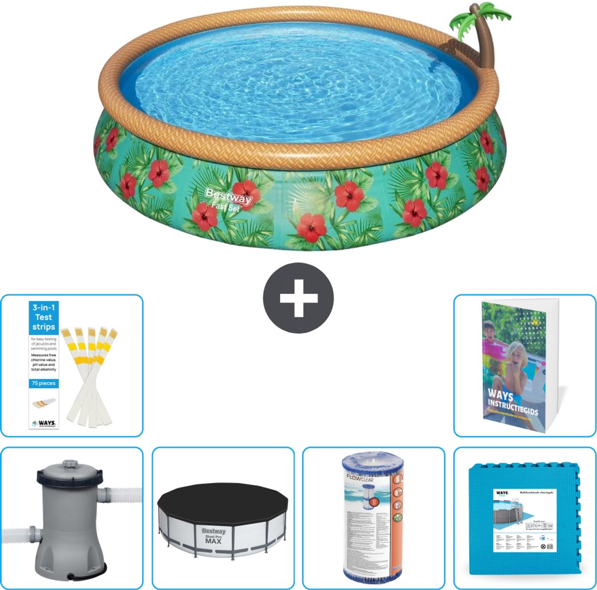 Bestway Rond Opblaasbaar Fast Set Zwembad - Paradijsprint - 457 x 84 cm - Inclusief Pomp - Afdekzeil - Filter - Vloertegels - 7-delig