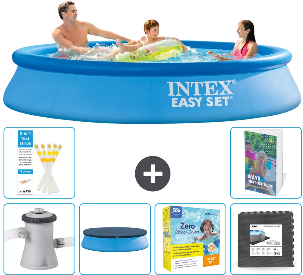 Intex Rond Opblaasbaar Easy Set Zwembad - 305 x 61 cm - Blauw - Inclusief Pomp - Afdekzeil - Onderhoudspakket - Vloertegels - 7-delig