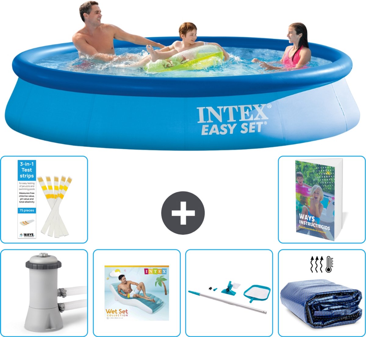 Intex Rond Opblaasbaar Easy Set Zwembad - 366 x 76 cm - Blauw - Inclusief Pomp - Loungebed - Schoonmaakset - Solarzeil - 7-delig