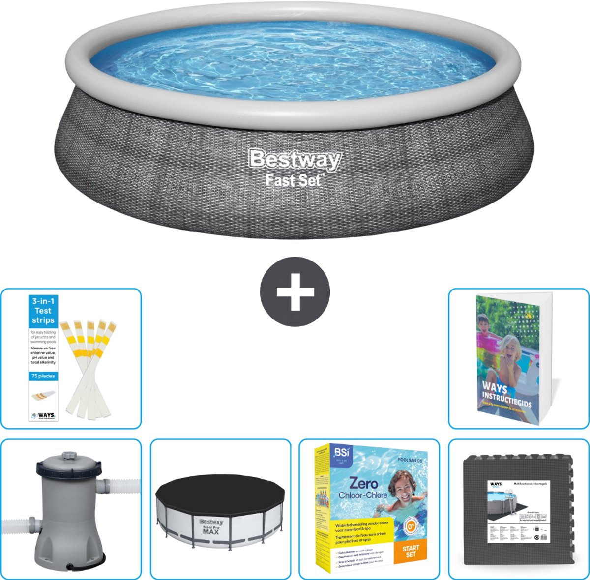 Bestway Rond Opblaasbaar Fast Set Zwembad - Rotanprint - 457 x 84 cm - Inclusief Pomp - Afdekzeil - Onderhoudspakket - Vloertegels - 7-delig