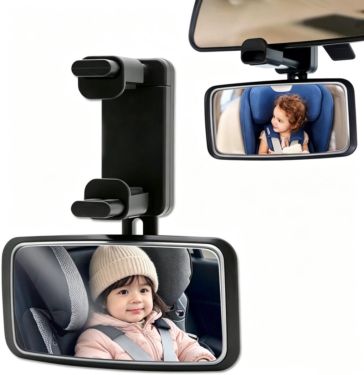 TEKROA® Baby Autospiegel - Autospiegel - 360° Draaibaar & Breed Zicht - Met Klembevestiging - 13x6.3 cm Formaat